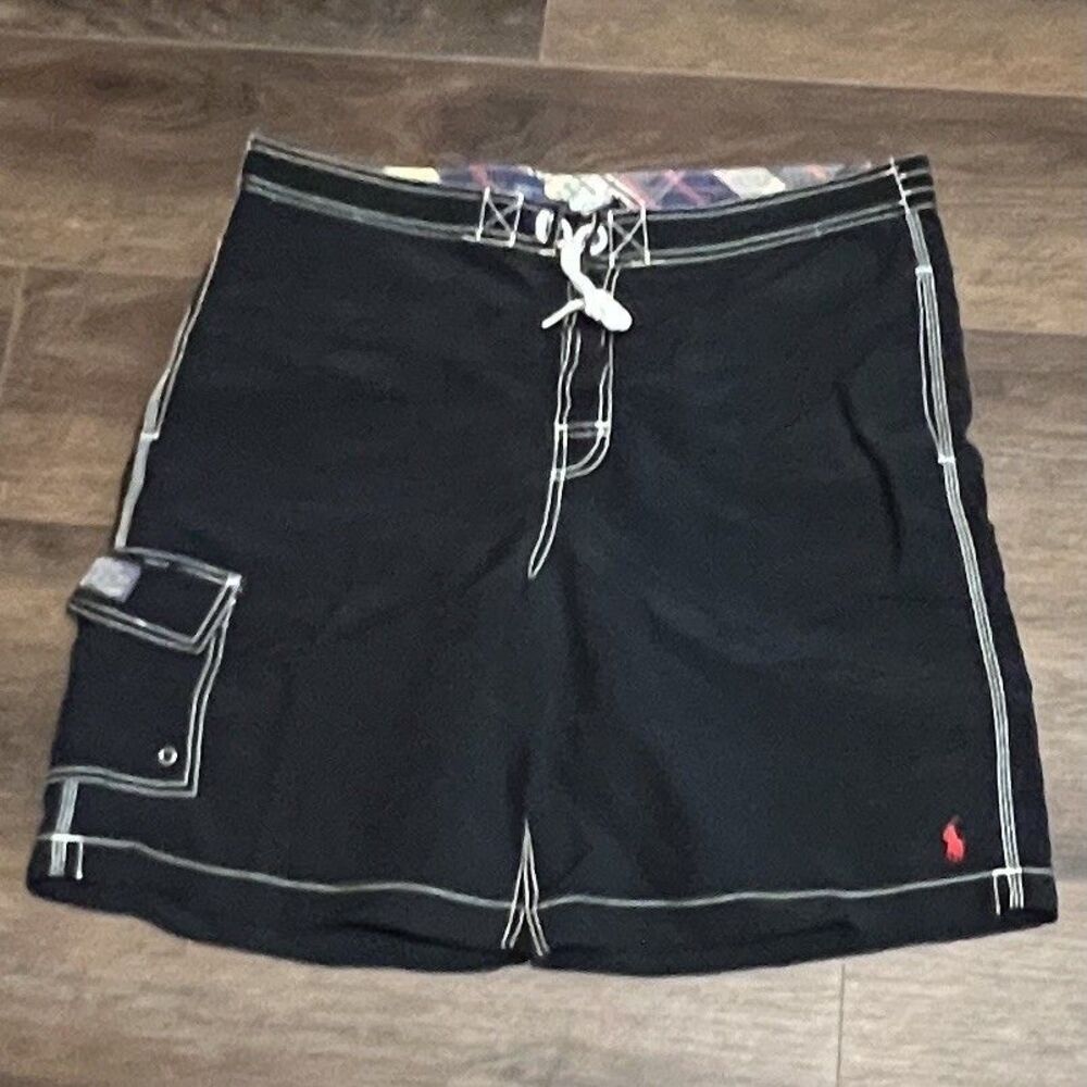Polo Ralph Lauren Shorts Mens L Black Cargo Swim Board Trunks VTG 90s Red Pony